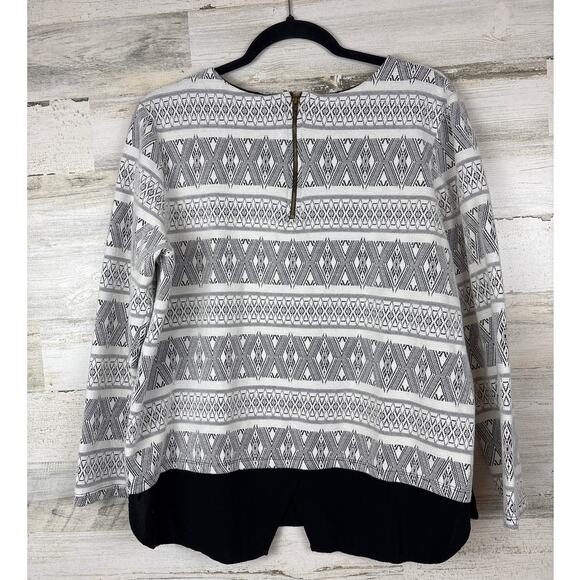 Pleione Women’s XL White Black Aztec Print Split Layer Zip Back Blouse - Picture 2 of 6